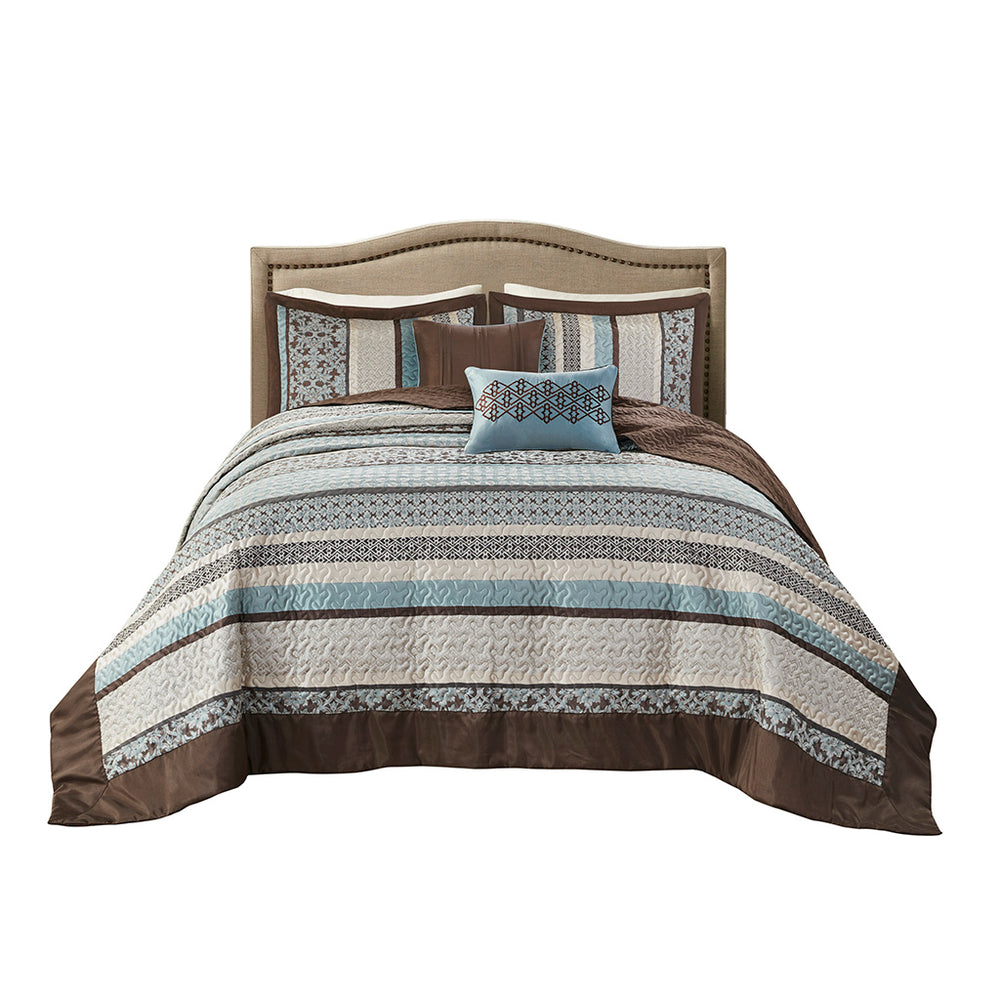 JLA Home Madison Park - 5 Piece Reversible Jacquard Bedspread Set — Damask & Geometric Texture in Grey Ivory Blue, Machine Washable 118 L x 120 W x 0.25H MP13-7967
