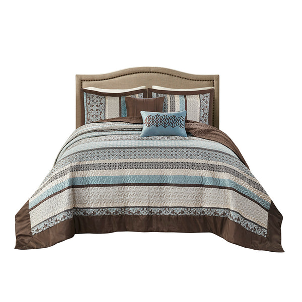 JLA Home Madison Park - 5 Piece Reversible Jacquard Bedspread Set — Damask & Geometric Texture in Grey Ivory Blue, Machine Washable 118 L x 120 W x 0.25H MP13-7967