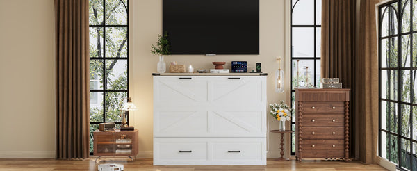 English Elm Full Farmhouse Murphy Cabinet Bed with Charging Station and Large Drawers, Space-Saving Guest Solution White 52.25 L x 26.25 W x 5.25 H N733S237853W