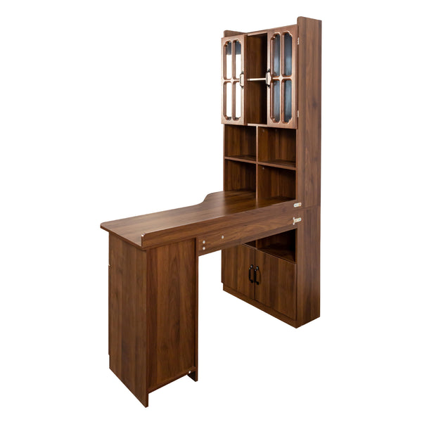 English Elm L-Shaped Corner Computer Desk with Hutch, Drawer & Shelves for Spacious Home Office Organization Walnut W331S00187