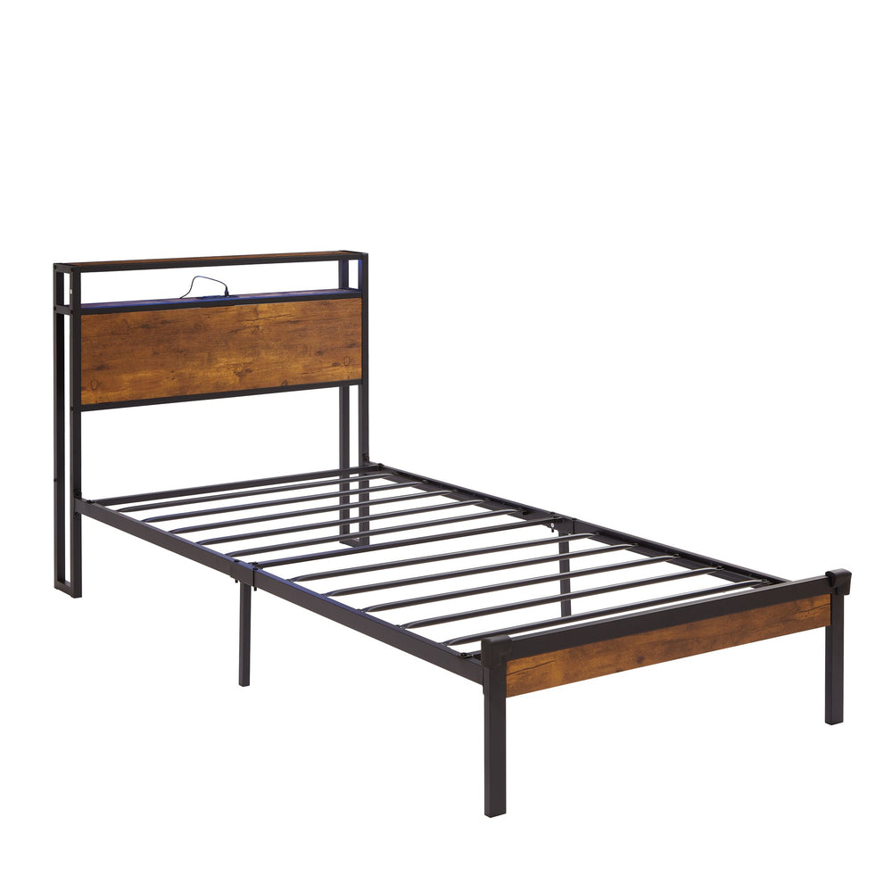 English Elm Twin Metal Platform Bed Frame with Wooden Headboard & Footboard, LED Lights, USB Port, Storage W2297P397411