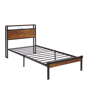 English Elm Twin Metal Platform Bed Frame with Wooden Headboard & Footboard, LED Lights, USB Port, Storage W2297P397411