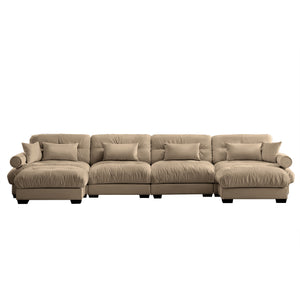 English Elm U Cloud Sectional Sofa with Movable Ottomans, Deep Velvet 4‑Seat Convertible Corner Couch, Plush Support and Bolster Arms Camel W714S01103