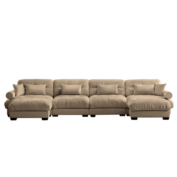 English Elm U Cloud Sectional Sofa with Movable Ottomans, Deep Velvet 4‑Seat Convertible Corner Couch, Plush Support and Bolster Arms Camel W714S01103