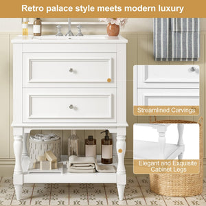 English Elm 24'' Retro Bathroom Vanity Mdf Cabinet with Ceramic Sink Open Shelf and 2 Drawers White N710P405414K