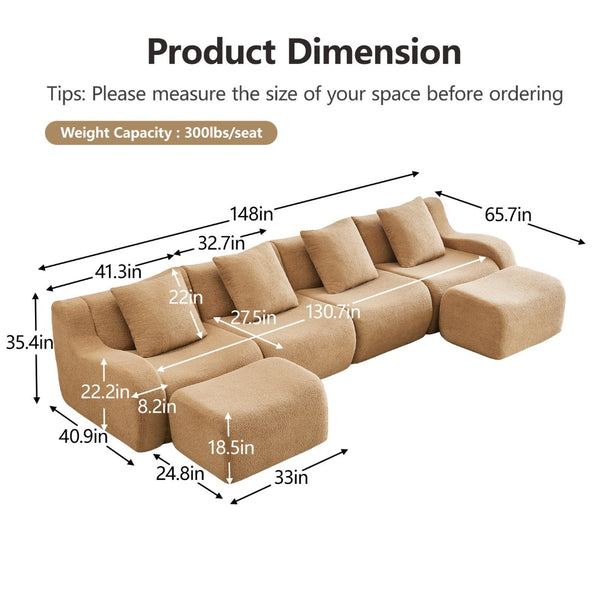 English Elm U-Shaped Modular Sofa In Luxurious Teddy Fabric, No Assembly Needed, Ergonomic Design For Comfort W714S01437-GIGA