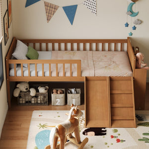 English Elm Twin Platform Kids Bed with Slide Ladder Guardrails Storage Shelf Wood Frame Walnut N733S415411M