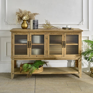 English Elm 59.06" Rustic Wood Sideboard with Glass Door Cabinet and Open Shelf for Dining Room W3933P379119