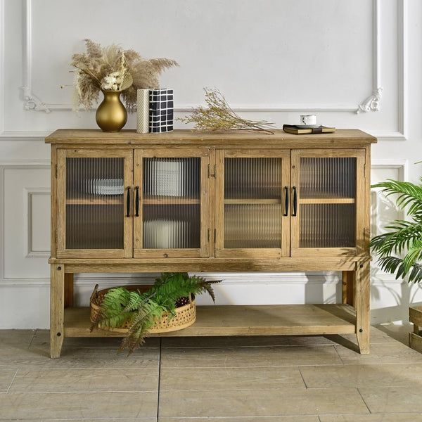English Elm 59.06" Rustic Wood Sideboard with Glass Door Cabinet and Open Shelf for Dining Room W3933P379119