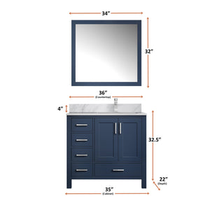English Elm Navy 36 in. Bath Vanity with Right Offset Carrara Marble Top, Chrome Faucet, 34” Mirror, Durable Surface B2731S01269
