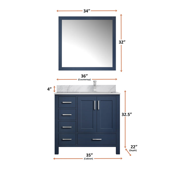 English Elm Navy 36 in. Bath Vanity with Right Offset Carrara Marble Top, Chrome Faucet, 34” Mirror, Durable Surface B2731S01269