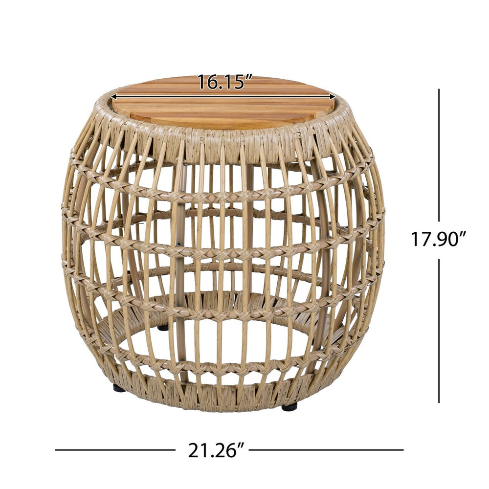 English Elm Acacia Wood Round Side Table Handwoven Rope Base Outdoor Coastal Boho Accent N770P380265B