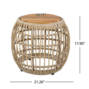 English Elm Acacia Wood Round Side Table Handwoven Rope Base Outdoor Coastal Boho Accent N770P380265B
