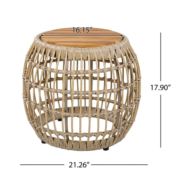 English Elm Acacia Wood Round Side Table Handwoven Rope Base Outdoor Coastal Boho Accent N770P380265B