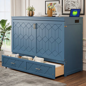 English Elm Queen Murphy Wall Bed Cabinet with Storage Drawer Built-in Power Outlets Usb Ports Navy Blue LP000400AAC-1