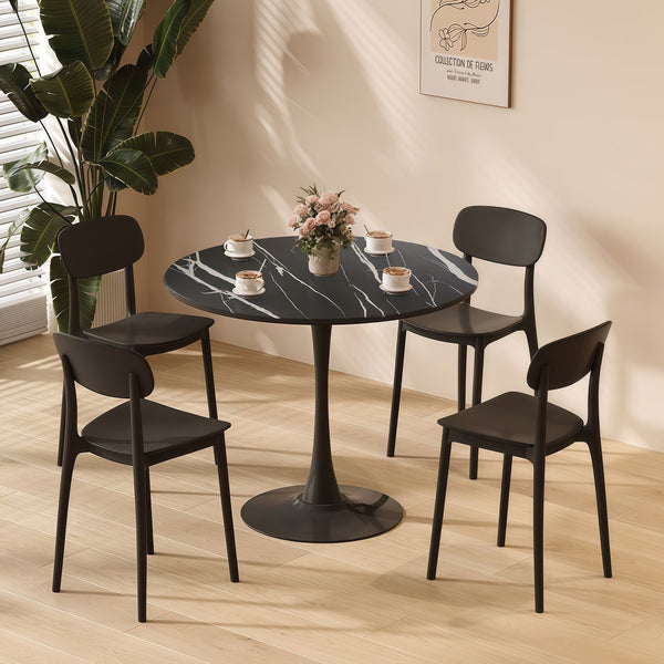 English Elm (Black Marble Color) Modern Round Dining Table – 24" MDF Top with Steel Tulip Base, Sturdy Minimalist Design W2641P362140