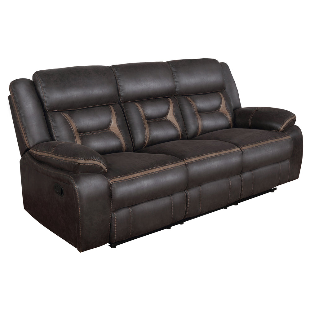 English Elm Brazelton Three-Piece Motion Sofa Loveseat Recliner Set with Leatherette Upholstery, Cup Holders and Storage Brown B062S01169