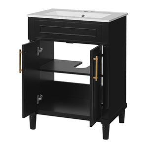 English Elm 24" Bathroom Vanity with Integrated Ceramic Sink and Adjustable Shelf, Vintage Hardware, Space-Saving Design Black N710P277711B
