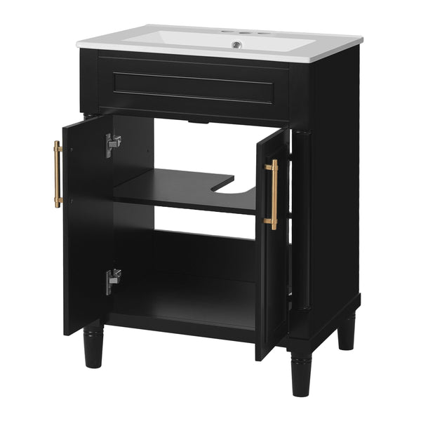 English Elm 24" Bathroom Vanity with Integrated Ceramic Sink and Adjustable Shelf, Vintage Hardware, Space-Saving Design Black N710P277711B