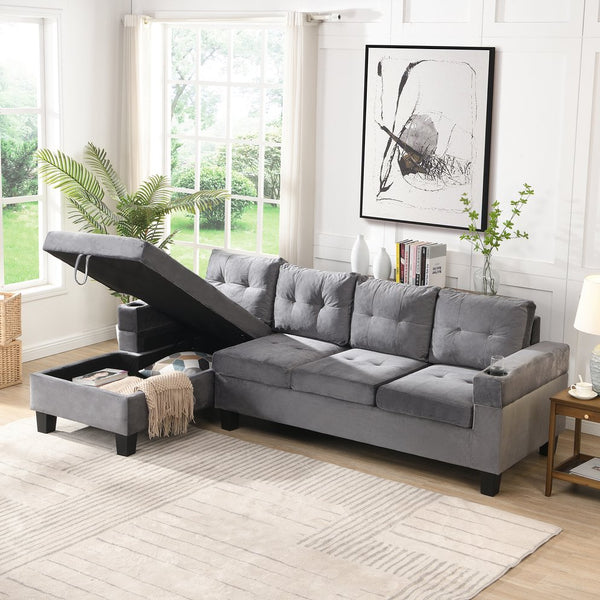 English Elm Sectional PU Sofa Set with L-Chaise, Built-In Cup Holders, Thick Foam Cushions, Modern 4-Seater Comfort Grey 69.29 L x 33.46 W x 13.78 H W2297S00011