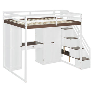English Elm Full Size Teen Loft Bed with Wardrobe Staircase Storage Dressing Table and Led Lights LT000276AAP