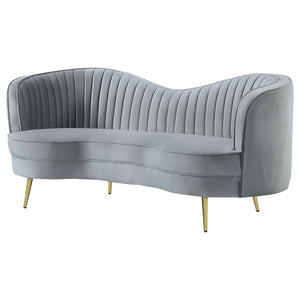 English Elm Reigha Velvet Loveseat in Grey with Gold Legs — Mid-Century Modern Channel Tufted Curved Bench Cushion Elegance B062P351443