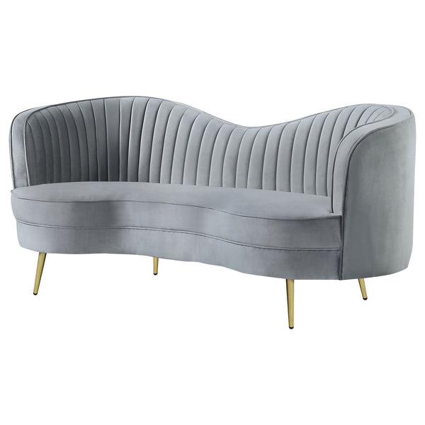 English Elm Reigha Velvet Loveseat in Grey with Gold Legs — Mid-Century Modern Channel Tufted Curved Bench Cushion Elegance B062P351443