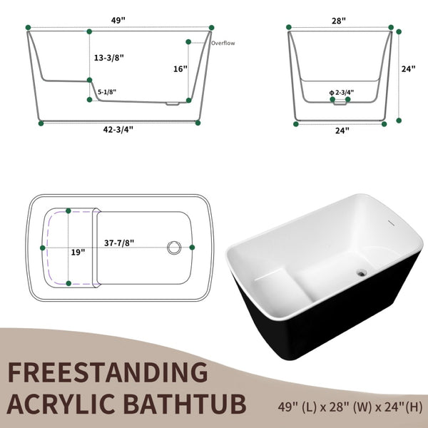 English Elm 49'' Acrylic Freestanding Soaking Tub with Sit-in Seat Japanese Square Design Glossy Black White W1920P412337