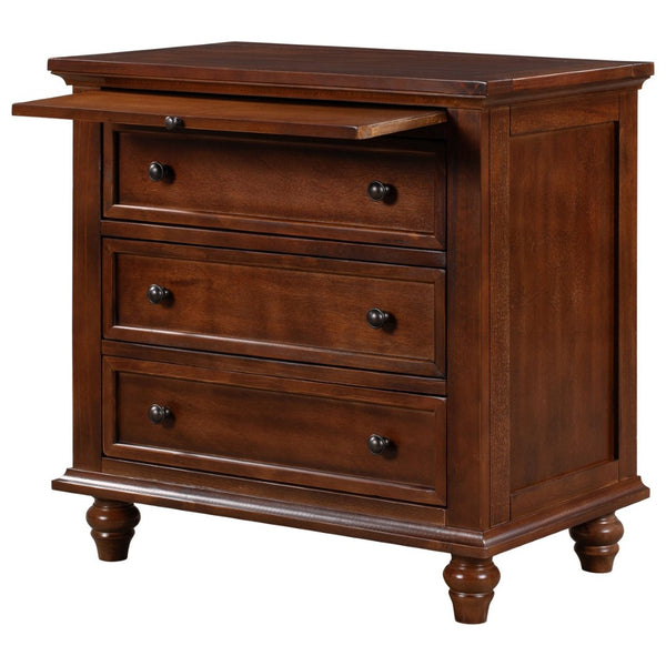 English Elm U_style Minimalist 3 Drawer Nightstand with Pull Out Tray Rubberwood Legs Bedroom Storage Brown WF319367AAD