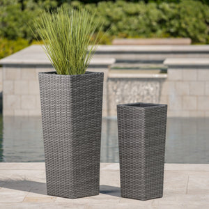 English Elm Christopher Knight Home® - Rattan Wicker Flower Pot Set with Iron Frame, Durable Polyethylene Wicker Planters, No Assembly Needed Grey 57802.00LMSETGRY