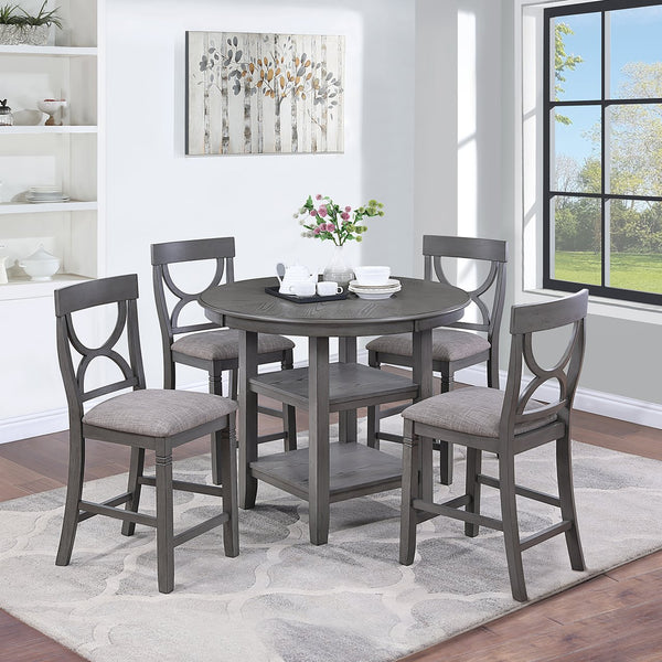 English Elm 5-pcs Modern Counter-Height Dining Set with Round Table, Under-Table Storage Shelves, 4 Chairs Gray 46 L x 46 W x 16 H B089P240468
