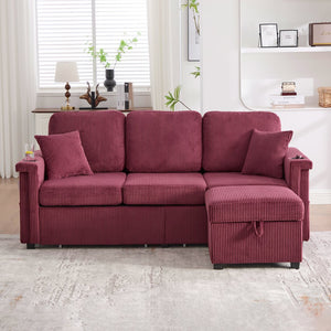 English Elm UNITED Corduroy L-Shaped Sectional Sofa with Storage Ottoman, USB Ports, Cup Holders & LED Lighting WINE RED W1568P332410