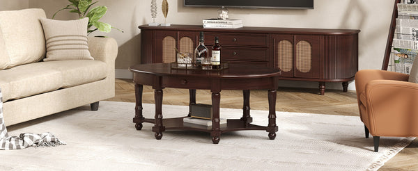 English Elm Vintage Oval Coffee Table With Drawer And Open Shelves, French Country Style Accent Table In Walnut N735P277388D-GIGA