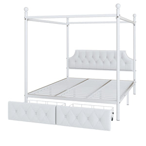 English Elm Queen Metal Canopy Platform Bed with Upholstered Velvet Headboard, Built-In Storage Drawers, White Elegance DL000656AAK