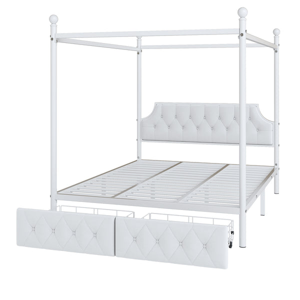 English Elm Queen Metal Canopy Platform Bed with Upholstered Velvet Headboard, Built-In Storage Drawers, White Elegance DL000656AAK