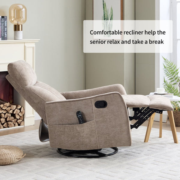 English Elm Beige Fabric Swivel Rocker Recliner with Massage Nodes and Lumbar Heat for Living Room Khaki W1803P363422