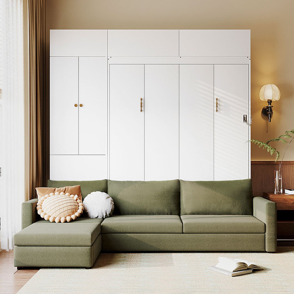 English Elm Queen Murphy Bed with L-shaped Velvet Sofa Storage Cabinets for Studio Living White LP000765AAG-1