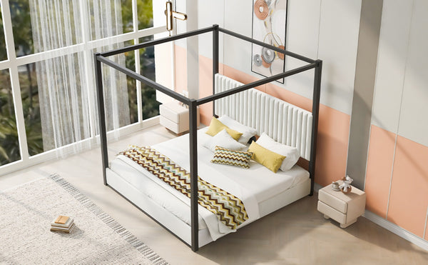 English Elm King Velvet Upholstered Four Poster Canopy Bed White Modern Bedroom Frame N7090002405B