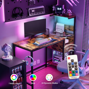 English Elm Computer Gaming Desk with RGB LED Lights, Reversible 4-Tier Shelves, Drawer & Headphone Hook, Space-Saving Workstation Brown W578P191951