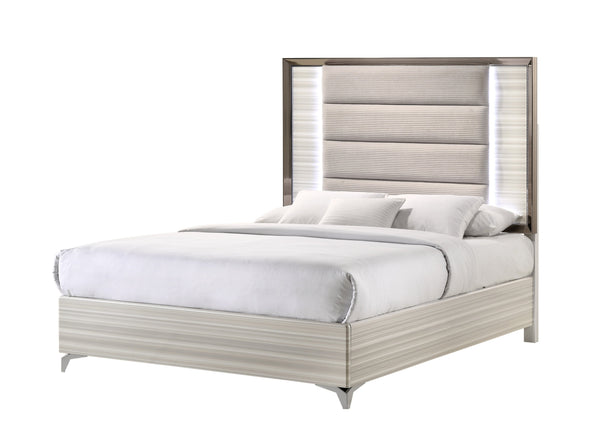 English Elm STAR White Solid Wood Bed with Upholstered Headboard, Built-In LED Lighting, Modern Design Queen B201S00087