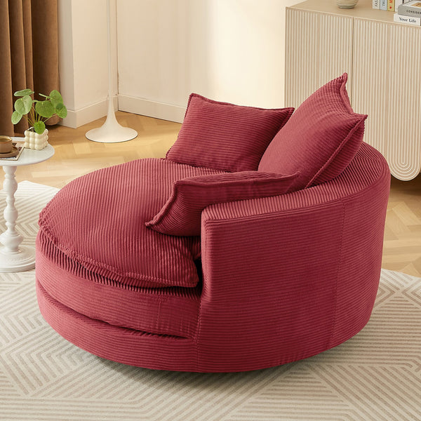 English Elm 360° Oversized Swivel Lounge Chair with 38" Deep Seat Dual-Layer Cushion Corduroy Accent Pillows Red N719S002100J