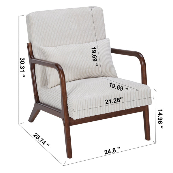 English Elm Mid-Century Beige Accent Chair Upholstered Armchair with Pillow, Solid Wood Frame, Ergonomic Comfort W2989P295373