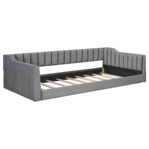 English Elm Twin XL Upholstery Daybed with Vertical Channel Tufting, Velvet Fabric, Slat Support & Side Storage Pocket for Guests Gray DL002210AAE