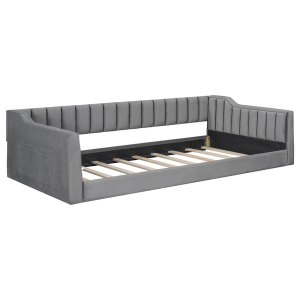 English Elm Twin XL Upholstery Daybed with Vertical Channel Tufting, Velvet Fabric, Slat Support & Side Storage Pocket for Guests Gray DL002210AAE