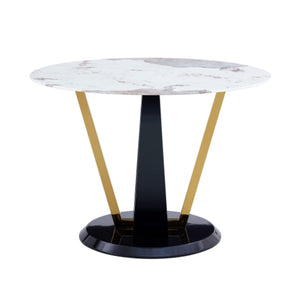 English Elm 42 Inch Round Tempered Glass Dining Table Marble Look Top with Gloss Black V Legs W2827P341695
