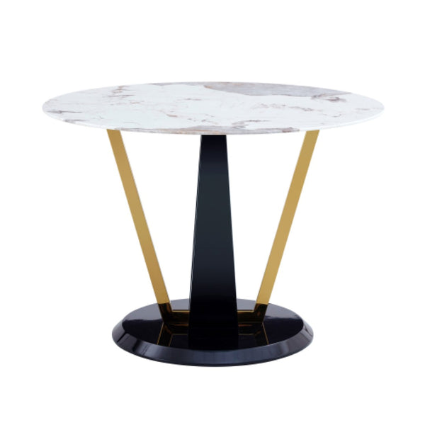 English Elm 42 Inch Round Tempered Glass Dining Table Marble Look Top with Gloss Black V Legs W2827P341695