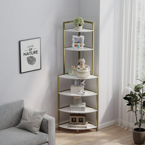English Elm 6-Tier Corner Bookcase Gold+White Modern Open Shelves Rustic Brown Display Rack Space-Saving Stand W2167P207457