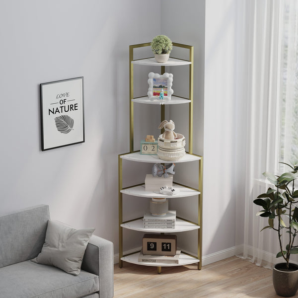 English Elm 6-Tier Corner Bookcase Gold+White Modern Open Shelves Rustic Brown Display Rack Space-Saving Stand W2167P207457