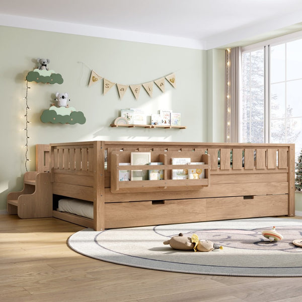 English Elm Twin Kids Platform Bed with Trundle Staircase Bookshelf and Rounded Safety Rails Natural W1580S00561