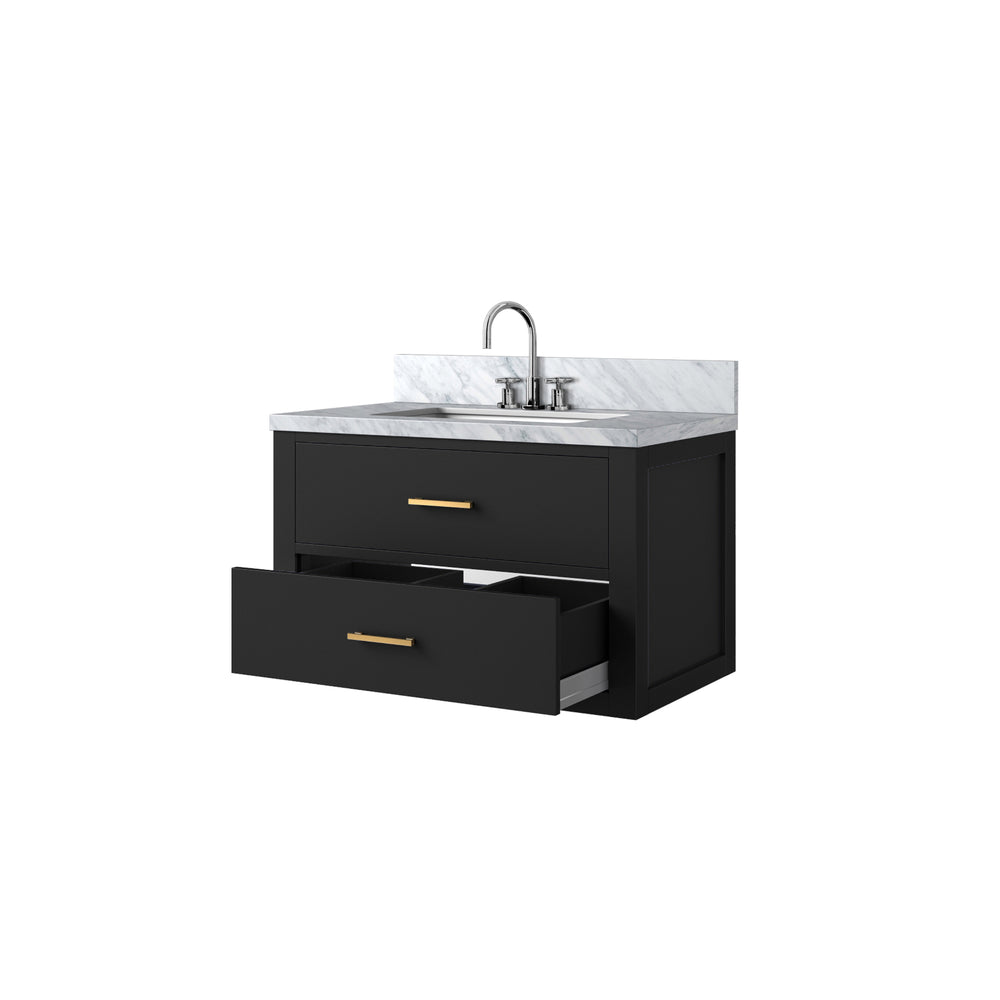English Elm Black Single Bath Vanity With Elegant Carrara Marble Top & Chrome Faucet - Stylish Storage Solution! B2731P257917
